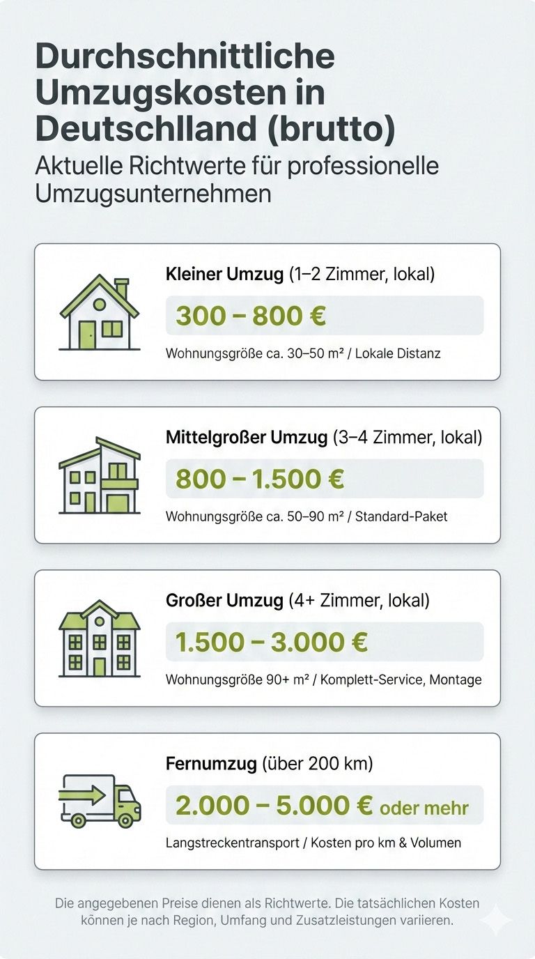 Infografik zu durchschnittlichen Umzugskosten in Deutschland mit Preisübersicht für kleine, mittlere, große und Fernumzüge